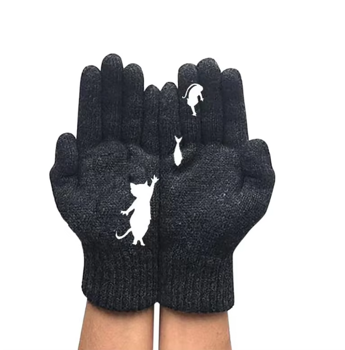 Gants en laine avec motif chat - Chauds et confortables