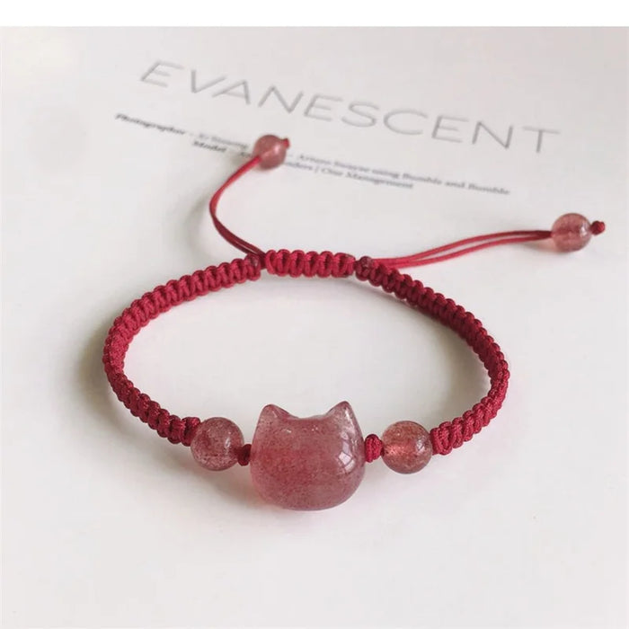 Bracelet tressé chat porte-bonheur rouge - Bijou ajustable pour femmes
