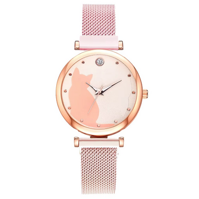 Set de montres et bracelets pour femmes avec motif de chat (5 pièces)