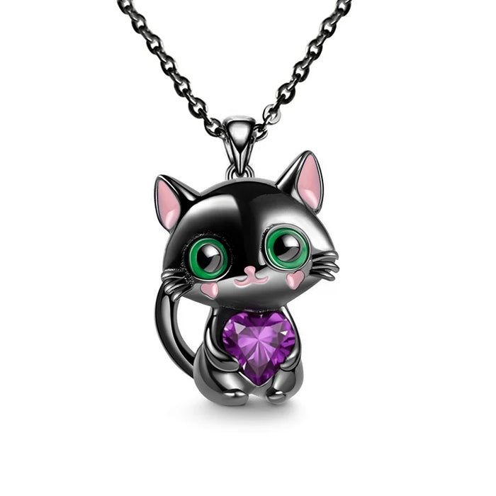 Collier Chat Noir avec Cœur et Yeux Verts