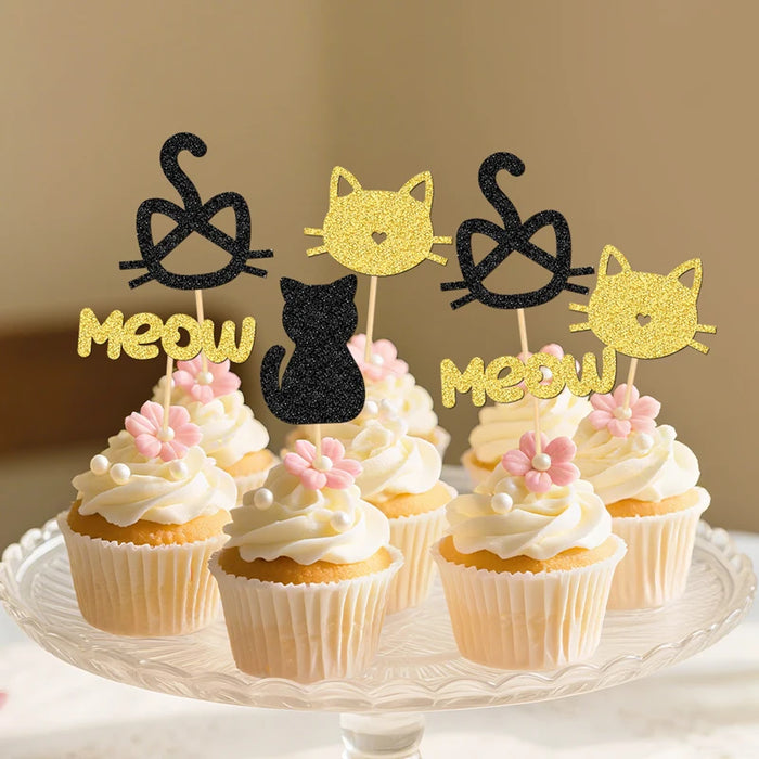 24 Pièces Cupcake Toppers Chat - Décoration Gâteau Anniversaire Thème Chaton