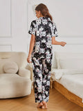 Ensemble Pyjama Imprimé Chat Dessin Animé pour Femmes - Manches Courtes & Boutons à Revers
