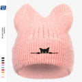 Chapeau tricoté oreilles de chat avec broderie - Bonnet en laine mignon et chaud pour automne et hiver