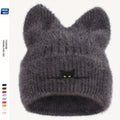 Chapeau tricoté oreilles de chat avec broderie - Bonnet en laine mignon et chaud pour automne et hiver
