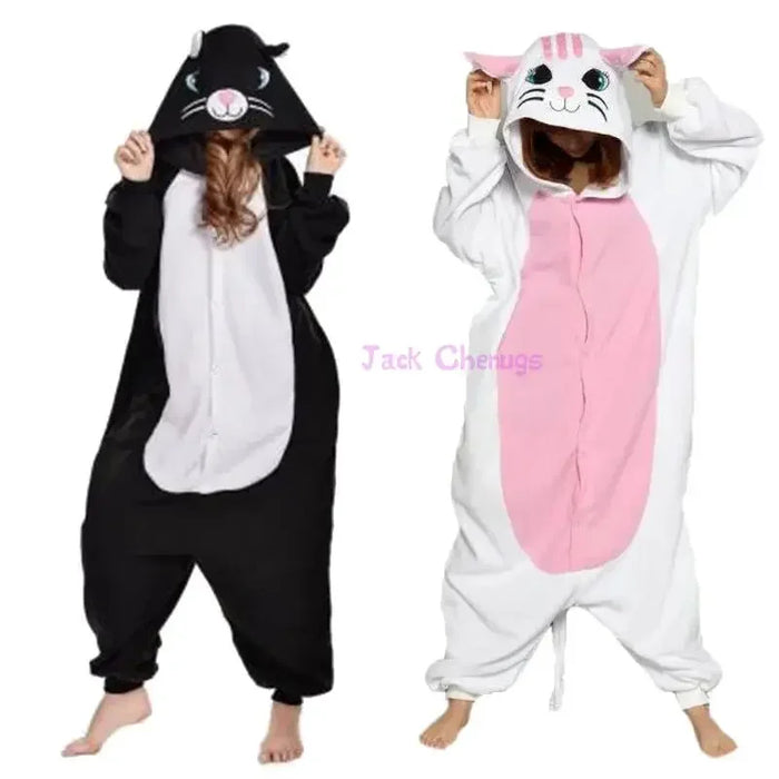 Kigurumi Onesie Chat Noir et Blanc en Flanelle - Costume Animal pour Adultes