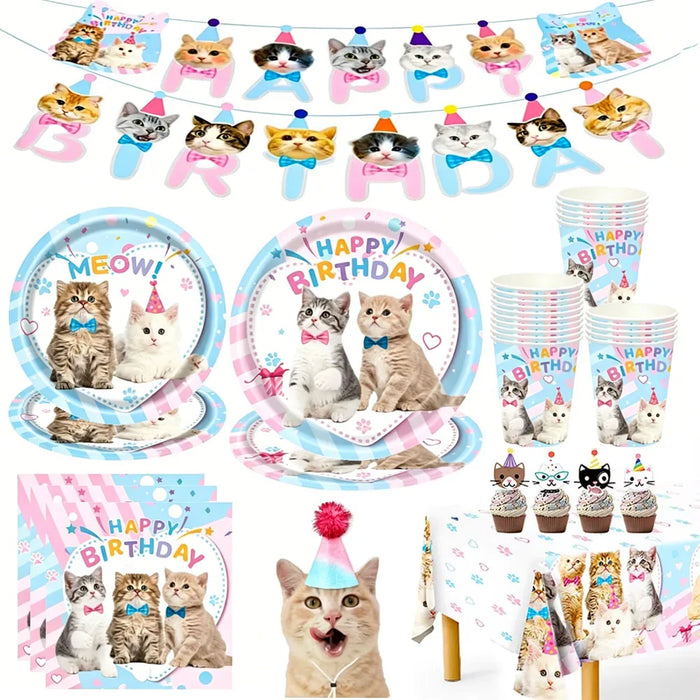 Assiettes, gobelets, serviettes et décoration de fête sur le thème du chat