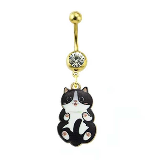 Anneau de piercing doré avec cristal et motif de chat
