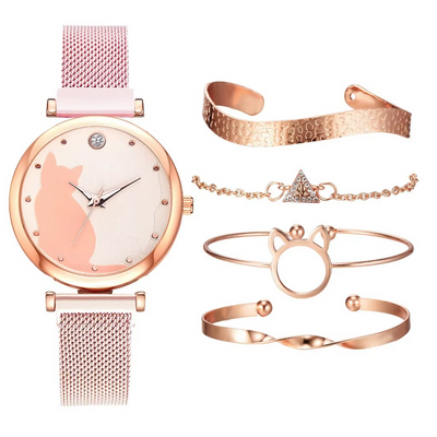 Set de montres et bracelets pour femmes avec motif de chat (5 pièces)