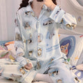 Pyjama doux en soie glacée pour femmes - Ensemble Cardigan imprimé chat mignon