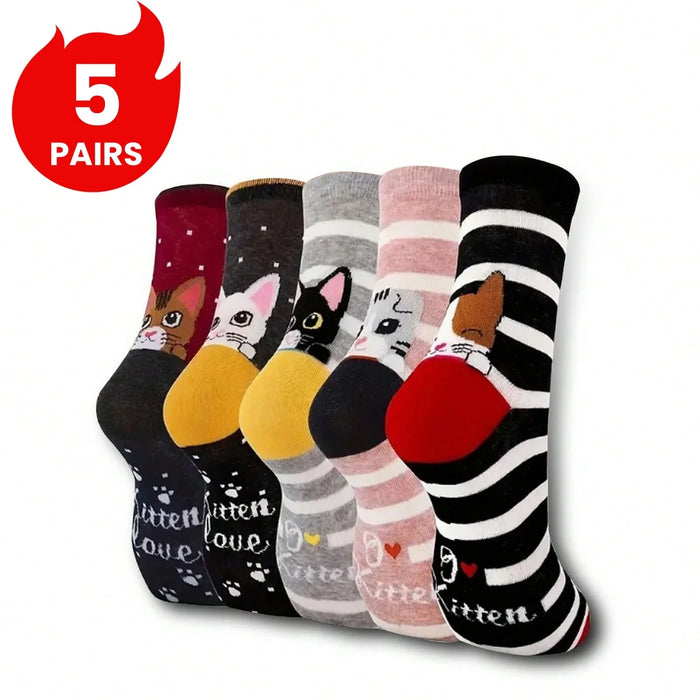 Lot de 5 paires de chaussettes pour femmes avec motifs de chats - Confortables et amusantes
