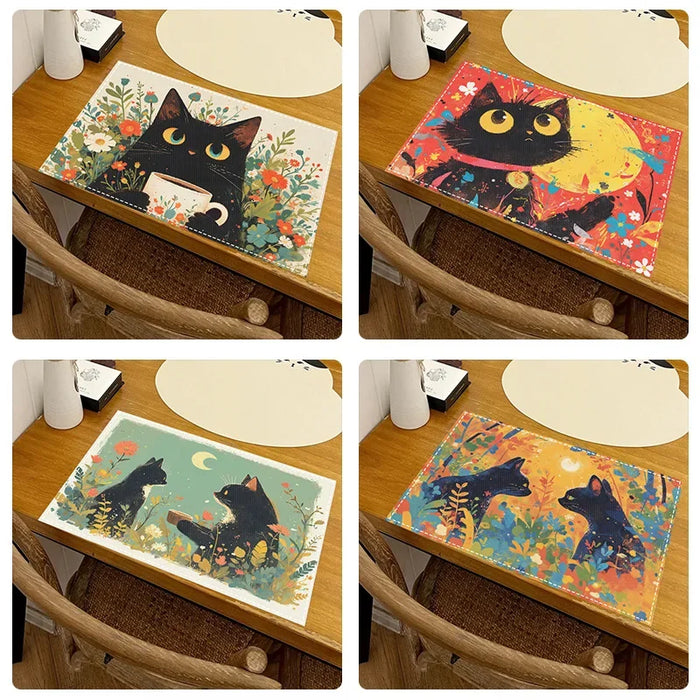 Napperon imprimé chat noir - Décor de table en lin pour fête d'anniversaire