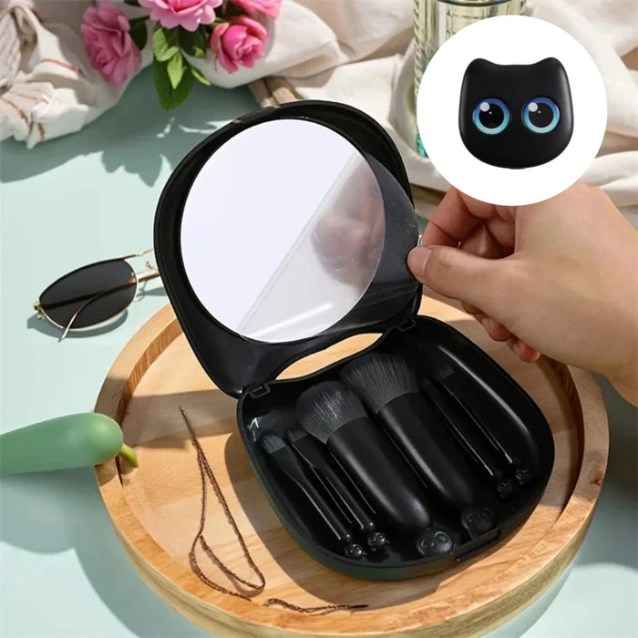 Ensemble de 6 Mini Pinceaux de Maquillage de Voyage avec Miroir et Boîte de Rangement Chat - Pinceaux de Mélange pour Poudre et Blush