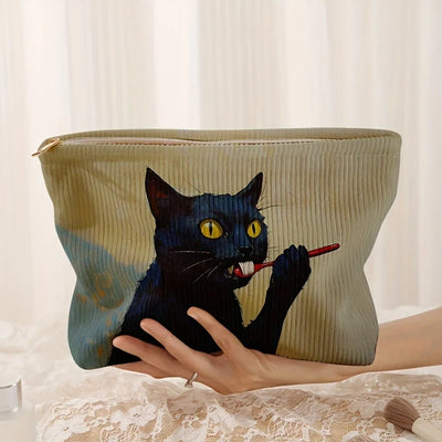 Trousse de maquillage en velours avec motif chat noir