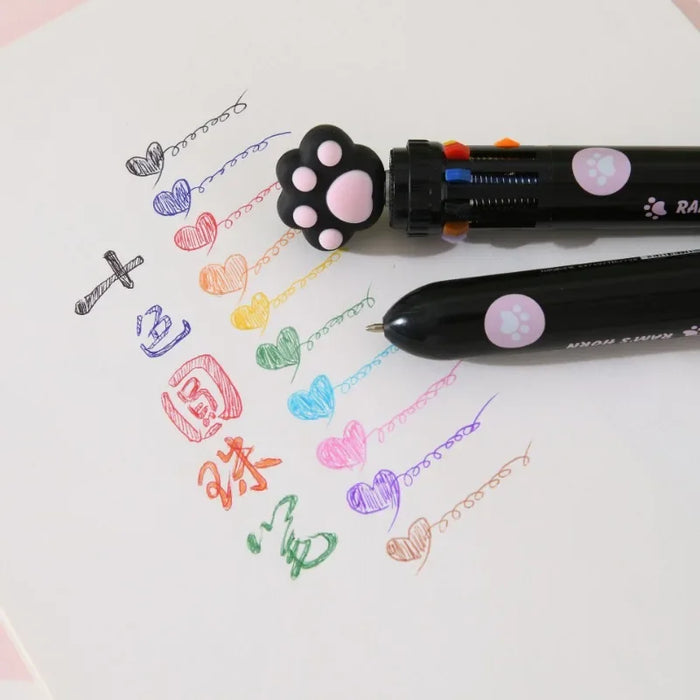 Stylo à bille Patte de Chaton 10 en 1 - 1 pièce, encre colorée - Fournitures scolaires Kawaii pour enfants