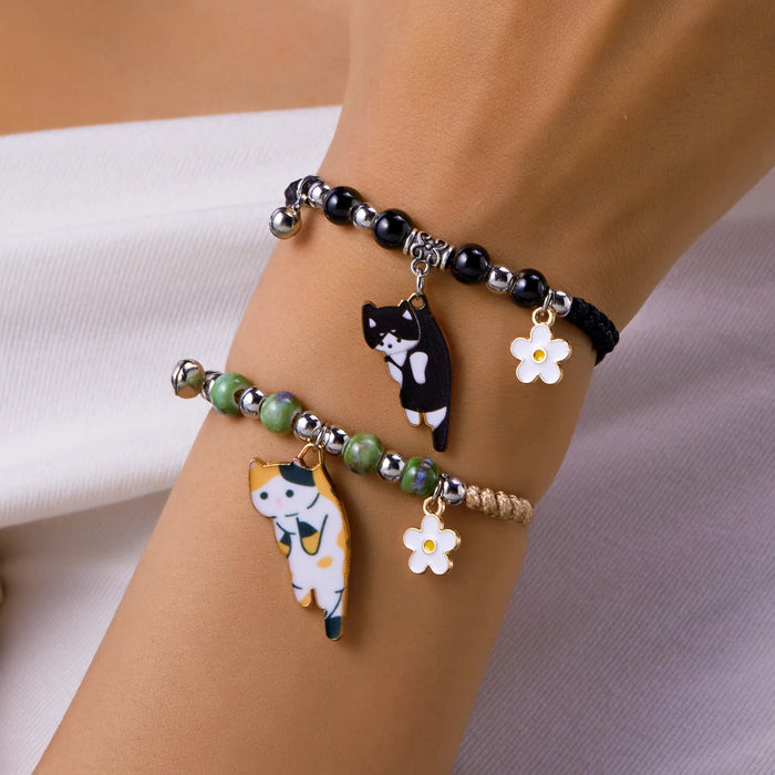 Bracelet en émail dessin animé chat et fleur - Bijoux d'amitié pour filles et femmes