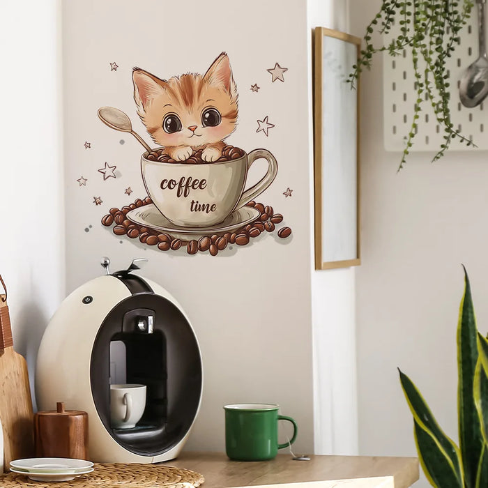 Autocollant mural chat tasse de café - Décoration murale pour cuisine et restaurant