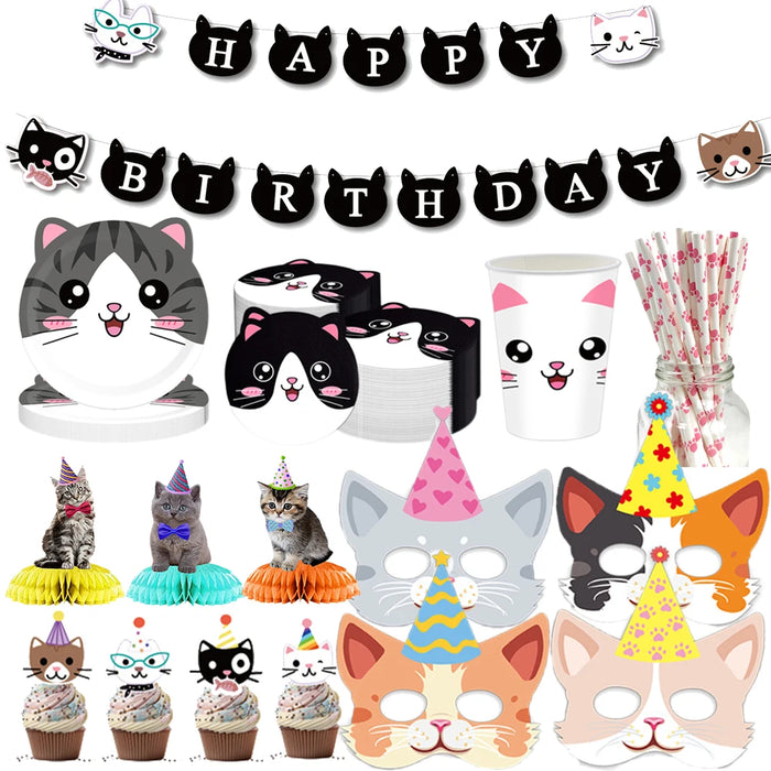 Décoration de fête d'anniversaire chat mignon - Bannière, assiettes et tasses en papier