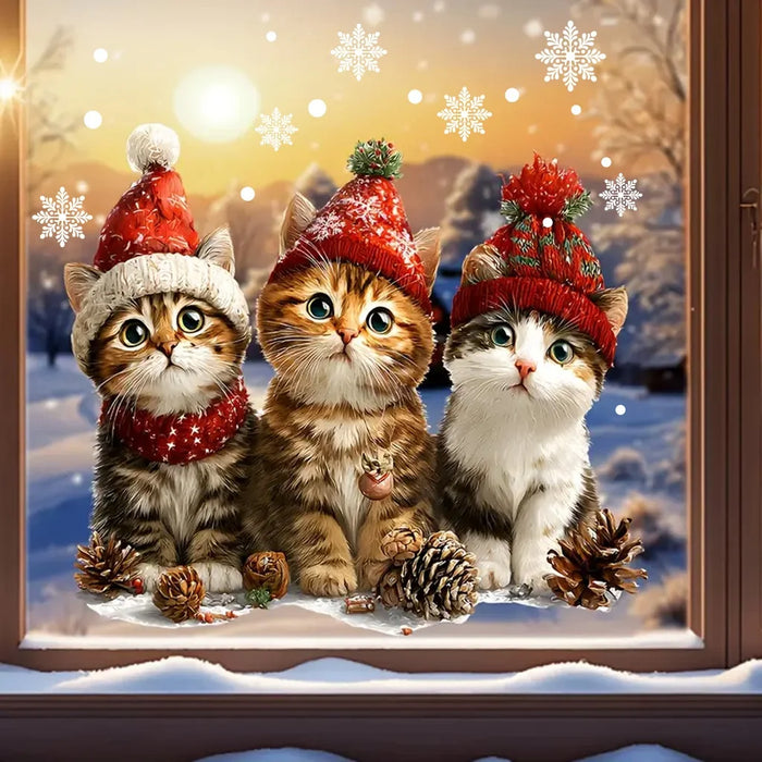 Autocollant Mural Chat avec Chapeau de Noël - Décoration Adhésive pour Fenêtre et Mur