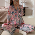 Pyjama doux en soie glacée pour femmes - Ensemble Cardigan imprimé chat mignon