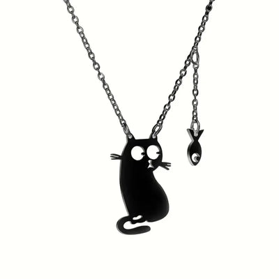 Collier Pendentif Petit Chat Noir en Acier Inoxydable