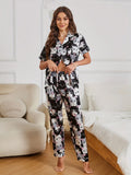 Ensemble Pyjama Imprimé Chat Dessin Animé pour Femmes - Manches Courtes & Boutons à Revers