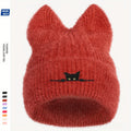 Chapeau tricoté oreilles de chat avec broderie - Bonnet en laine mignon et chaud pour automne et hiver
