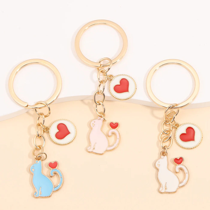 Porte-clés Chat Kawaii Émail Coeur - Accessoire Bijoux pour Femmes et Hommes