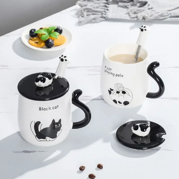 Tasse en céramique chat cartoon avec couvercle – Cadeau d'anniversaire unique
