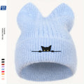 Chapeau tricoté oreilles de chat avec broderie - Bonnet en laine mignon et chaud pour automne et hiver