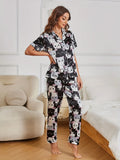 Ensemble Pyjama Imprimé Chat Dessin Animé pour Femmes - Manches Courtes & Boutons à Revers