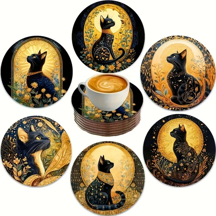 Ensemble de dessous de verre en bois Nuit de Chat Noir - 6 pièces résistantes à la chaleur