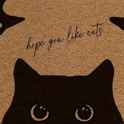 Tapis de porte en polyester avec chat noir - Lavable en machine