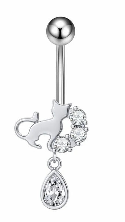 Boucle d'ombilic en argent chat avec zircon