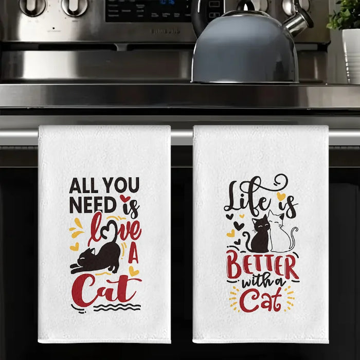 Lot de 2 Torchons de Cuisine Motif Chat 40x60 cm