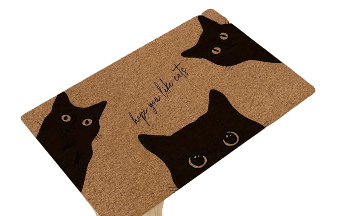 Tapis de porte en polyester avec chat noir - Lavable en machine