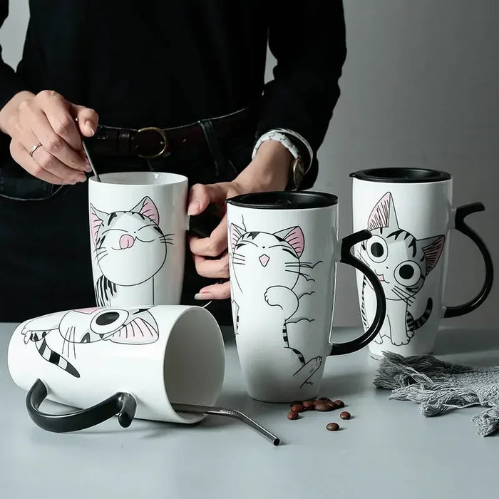 Mug en céramique chat avec couvercle - 600ml