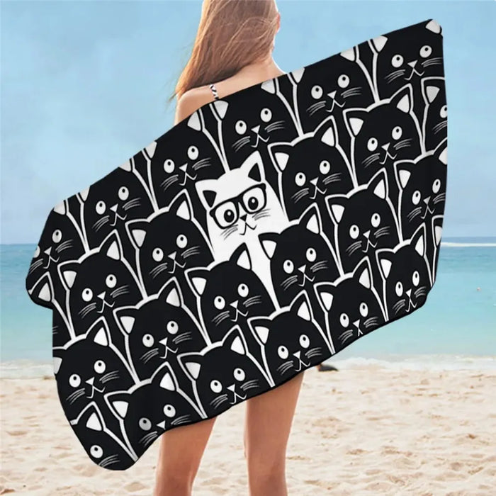 Serviette de plage en microfibre pour enfants chat noir et blanc
