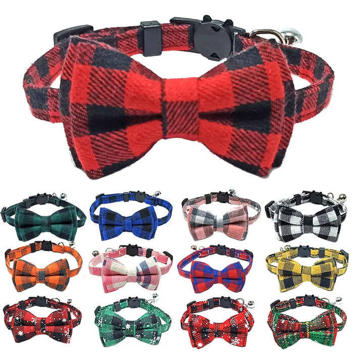Collier détachable pour chat avec nœud papillon et cloche - Plaid de Noël rouge élastique réglable